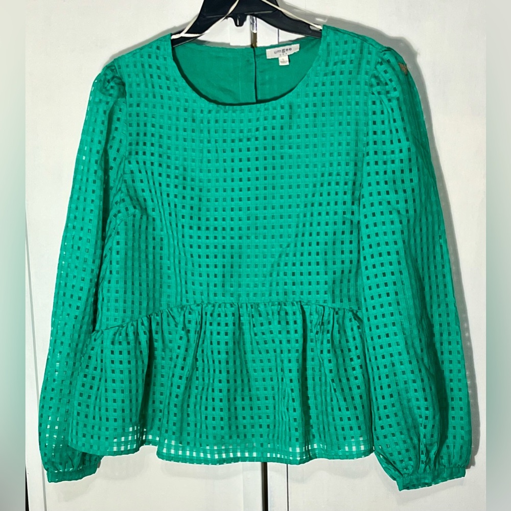 Umgee Women’s Sz L Emerald Green Eyelet Peplum Long Sleeve Blouse